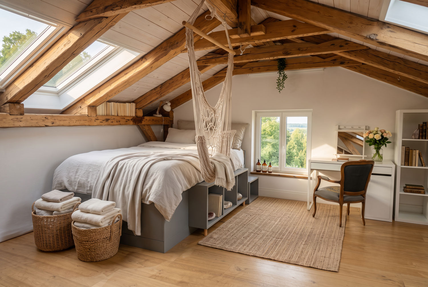 Attic Suite mit Holzbalken, Dachfenstern und Hängesessel