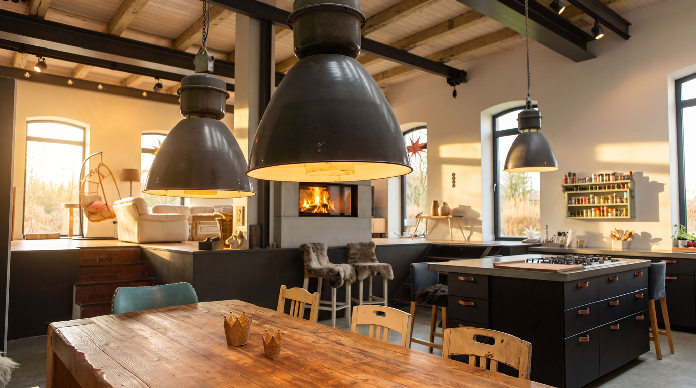 Wohnküche mit Industrieleuchten, Holztisch und Durchsichtkamin